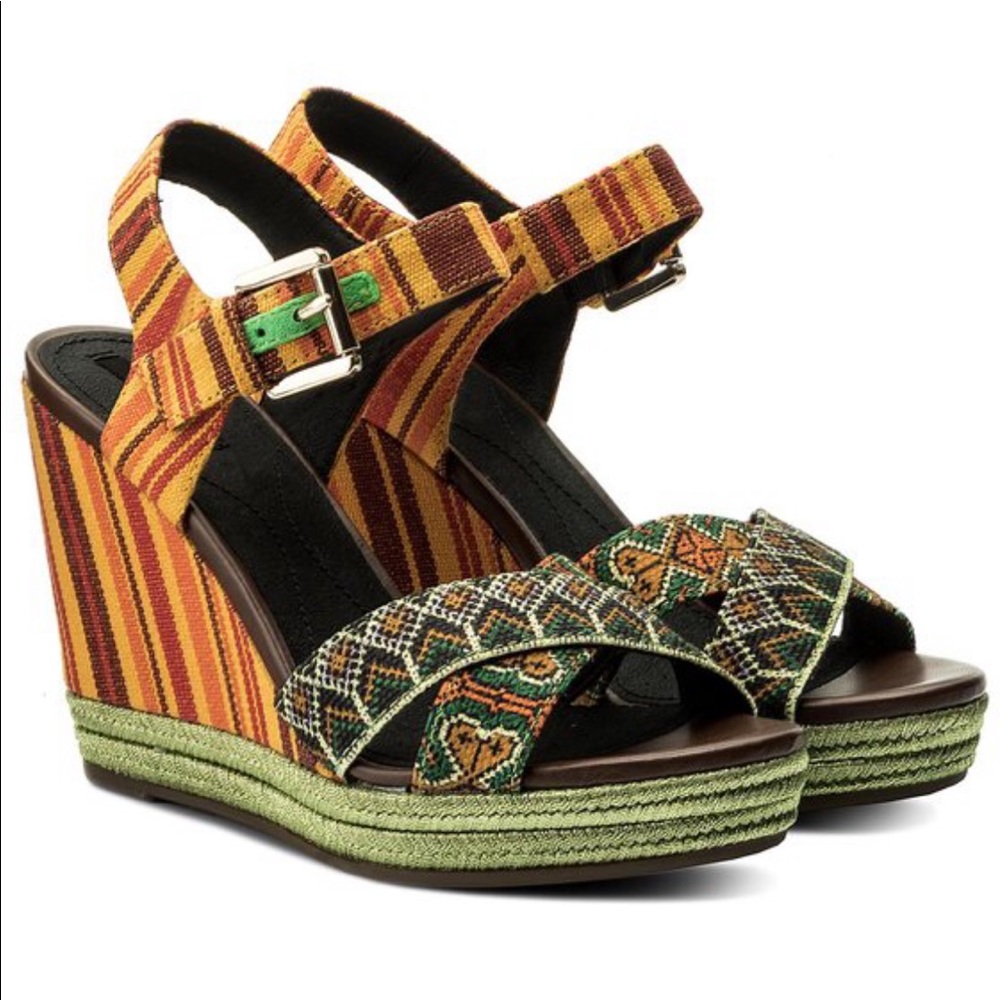 Geox Orange and Green Wedge Sandals with Ethnic Design